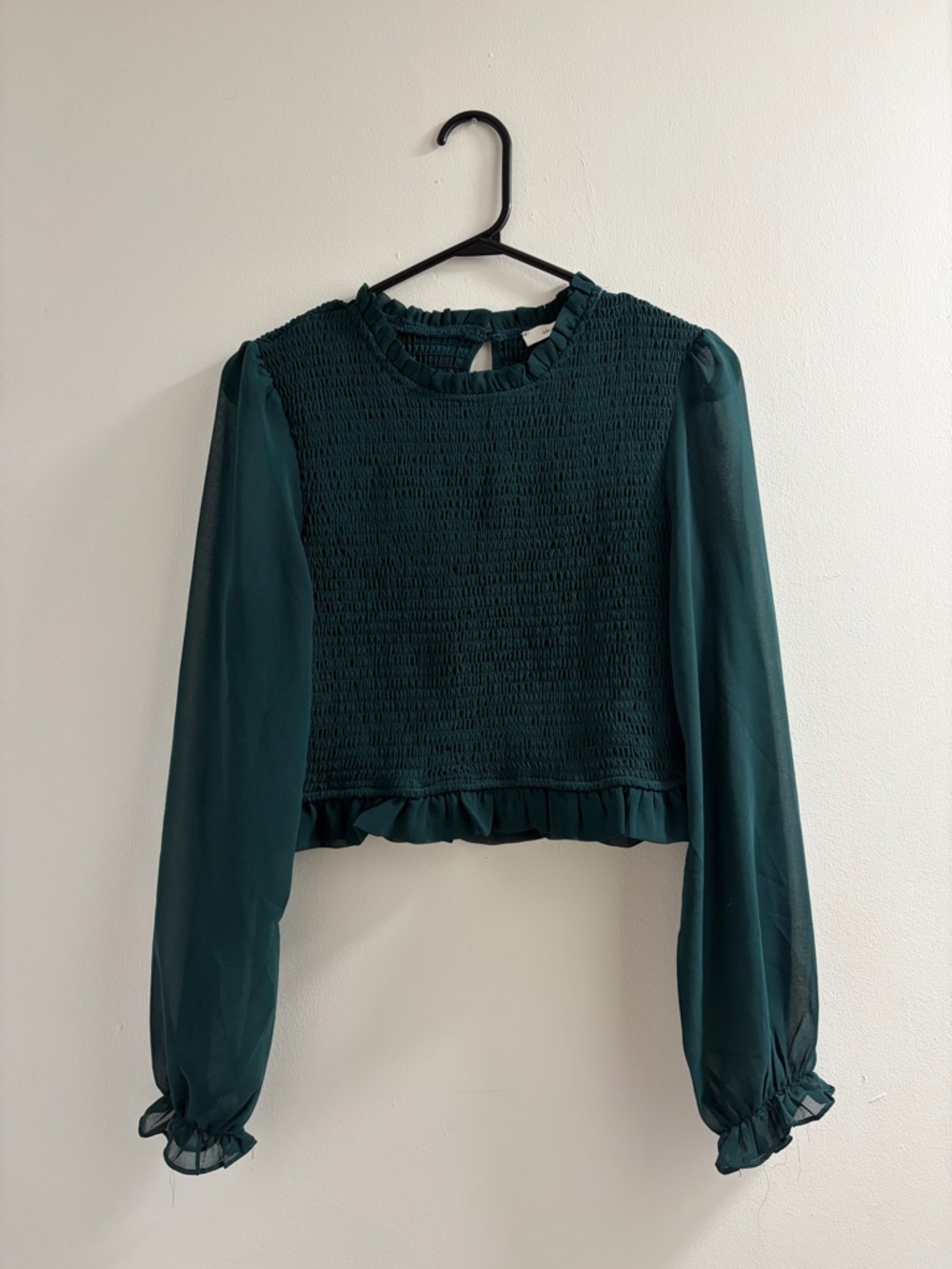 Smocked Ruffle-Hem Long Sleeve Blouse in Deep Teal